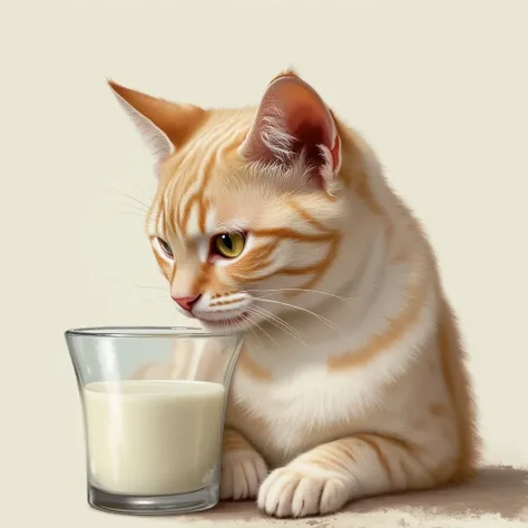 There is a cat sitting next to a glass of milk, cat drinking milk, illustration of 1 cat, ultra-realistic illustration, ultra-realistic illustration, hyper-realistic illustration, a cat. realistic painting, by Wayne England, realistic illustration, hyper r...