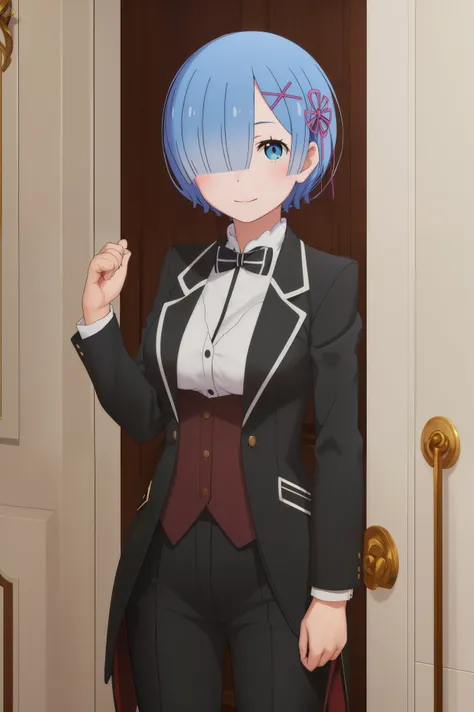 best quality, masterpiece, phRem, 1girl, solo, woman in formal attractive suit tuxedo standing in a large alcove in the room, 1girl, solo, necktie, blue short hair, blue eyes, short hair, smile, jacket, looking at viewer, shirt, pants, blue necktie, collar...