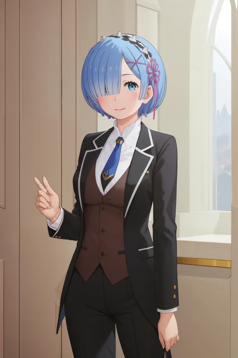 best quality, masterpiece, phRem, 1girl, solo, woman in formal attractive suit tuxedo standing in a large alcove in the room, 1girl, solo, necktie, blue short hair, blue eyes, short hair, smile, jacket, looking at viewer, shirt, pants, blue necktie, collar...