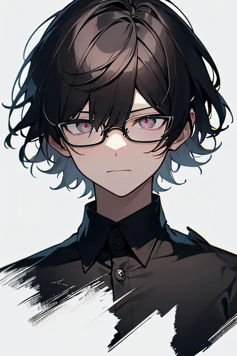 portraiture,official art,masterpiece,top quality,highest resolution,1boy,dark background,Ruins background, solo, grab a ax, emepty eyes, expressionless, messed balck shirt, glasses, short hair, dark circle, jean, Despair, japanese animation, full body, hor...