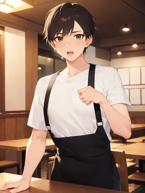 Japanese manga style, shiny skin, masterpiece, best quality, (28-year-old male: 1.5), (short brown hair) and (green eyes), BREAK (white T-shirt) and (a black apron) BREAK, (sweat:1.2), surprised, open mouth, inside a restaurant at night, working, (alone)