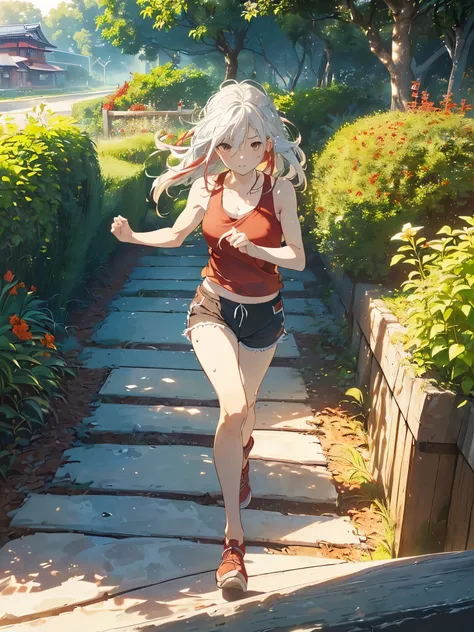 (( top quality、garden、 complete anatomy、 morning glow)),woman,(((日本人woman、Alone, slightly brownish white hair、Hair that goes up to the shoulders 、red streaked hair,Standingspread ,windy cloth, tank top、Shorts、Sweaty body、running,)))