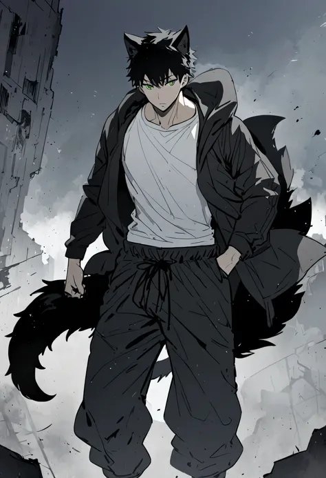 Male + demihuman + black wolf ears + black wolf tail + black hair + green eyes + canines + black open jacket + white T-shirt + parachute pants + adult + solo + ruins background