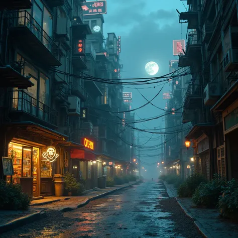 Cyberpunk city from sci-fi movie, empty street, night, chinoiserie buildings, old shop, irregular, circuit boards, wires, intricate, super detailed, realistic, hyper realistic, high quality, best, super detailed, crazy Detail, Very Detailed, Photorealistic...