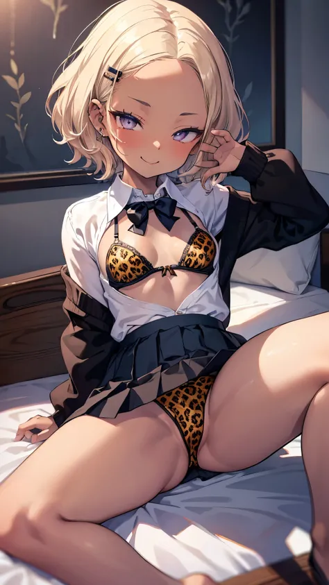 ((masterpiece、 top quality、 very detailed))、 One Girl 、(( brown skin:1.3))、Blonde、 short hair、 wavy hair 、((Forehead:1.2))、 gray eyes、evil smile、((lots of piercing))、(( small breasts))、(( collared shirt ))、((open clothes))、((leopard pattern bra))、(( black ...