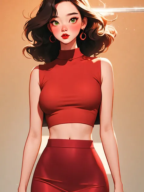 Surreal and cinematic picture of a young asian, slim fit young teen girl, round face, red lips, super slim waist, extremly long skinny legs, navel percing, big gold ear ring, blushing cheeks, very long straight dark ruby red hair, green eyes, crimson velve...