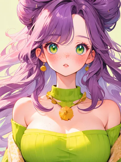 (masterpiece, highres, high resolution:1.2), anime 20 yo girl, portrait, shoulders up, illustration. drawn, violet hair woman, green eyes, blushing, solo, surprised, freckles, big lips, huge breasts, perfect body, wearing a tube top, no hands.