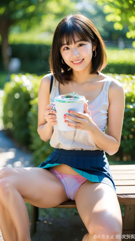 (((Hold a paper coffee cup:1.3))),(((spread your legs:1.4))),((Wear panties with a large area:1)),(((Wearing a skirt:1.2))),Around town,Outdoor,bench,(Wearing a shirt),A female college student, cleavage, looking at camera,smile, 22 years old,  shorter hair...