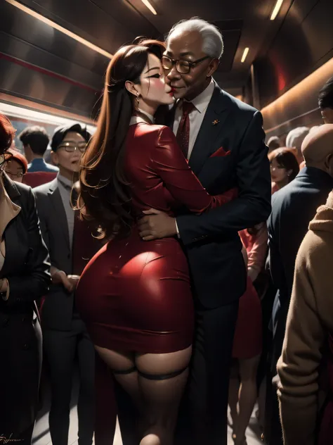 A beautiful woman wearing a revealing skirt suit, her elderly husband hugged and kissed her from behind in the crowded crowd, UHD, masterpiece, textured skin, super detail, best quality, 8k.
