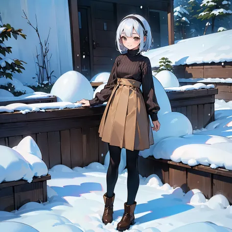 ( High Quality ,  high definition , Very detailed, reality:1.37), Peaceful atmosphere, (Outdoor, garden ,snow),  teenage girl standing alone, Beautiful details,  cute smile, (Black Bob), Ribbed sweater,Brown skirt, Black tights,  brown boots .