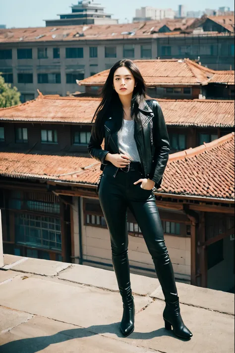 an asian beautiful girl, wearing a black leather jacket, black leather pants, long hair, holding a long rifle, standing on the top of a building stalking her enemy,inspired by Adam Dario Keel, maxim sukharev, attractive and beautiful, Inspired by Ludovit F...