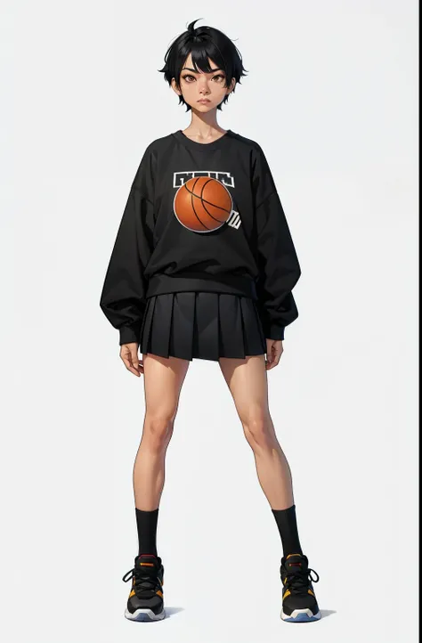 Asian, thin, short stature, light skin, makeup, black hair, oversized sweatshirt, short skirt, long socks, basketball shoes
, no shading, lineart, simple light, full body, modelsheet
