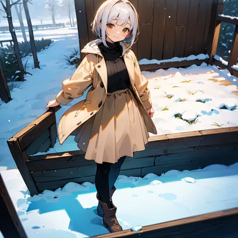 ( High Quality ,  high definition , Very detailed, reality:1.37), Peaceful atmosphere, (Outdoor, garden ,snow),  teenage girl standing alone, Beautiful details,  cute smile, (Black Bob), Ribbed sweater,Brown skirt, Black tights,  brown boots .