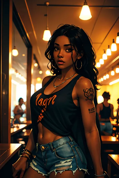 Beautiful 24 year old black woman with tattoos, black hair, brown eyes, hourglass figure, in a club, portrait, Jean shorts and an orange tank top 