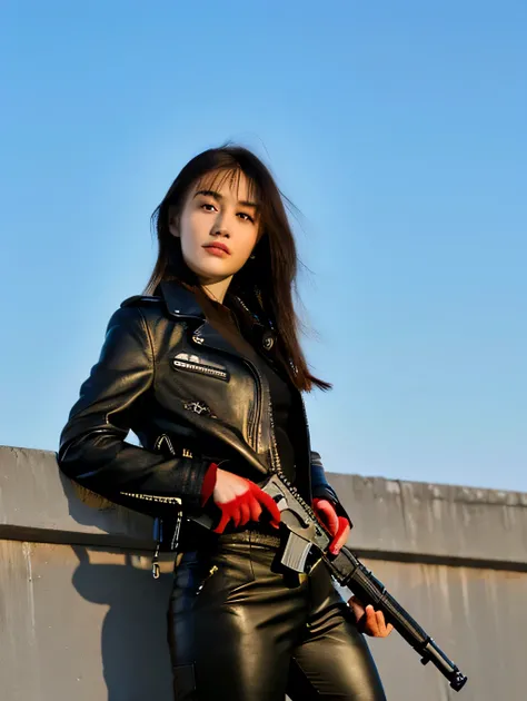 an asian beautiful girl, wearing a black leather jacket, army black trousers, long hair, holding a long red laser rifle, standing on the top of a building stalking her enemy,inspired by Adam Dario Keel, maxim sukharev, attractive and beautiful, Inspired by...