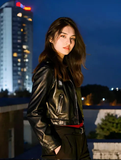 an asian beautiful girl, wearing a black leather jacket, army black trousers, long hair, holding a long red laser rifle, standing on the top of a building stalking her enemy,inspired by Adam Dario Keel, maxim sukharev, attractive and beautiful, Inspired by...