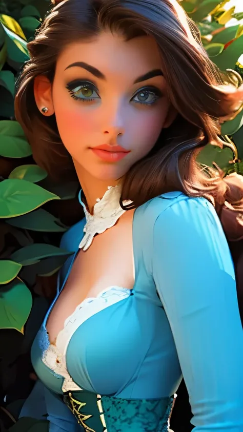 realistic drawing, an extremely beautiful woman, of Brown hair, eyes the color of honey, small nose, full lips, very feminine features, with a light blue dress with flowers and a corset, bows on the shoulders, in a magical garden, phosphorescent blue light