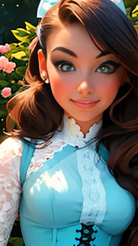 realistic drawing, an extremely beautiful woman, of Brown hair, eyes the color of honey, small nose, full lips, very feminine features, with a light blue dress with flowers and a corset, bows on the shoulders, in a magical garden, phosphorescent blue light