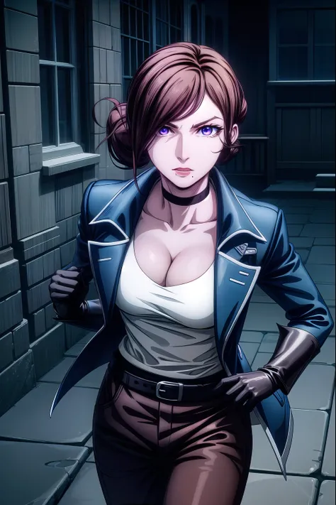 castlevaniajulia, castlevaniajulia, brown hair, (purple eyes:1.1), short hair, hair bun, mole, makeup, single hair bun, lipstick, mole under mouth, red lipstick,
BREAK shirt, gloves, cleavage, collarbone, jacket, white shirt, choker, black gloves, belt, pa...