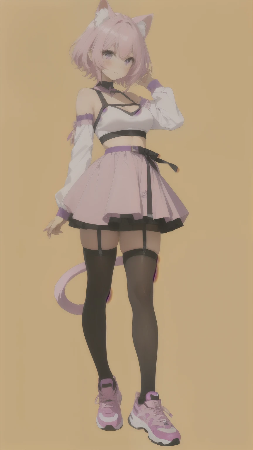  A cat girl with short pink hair and purple eyes based on the Pokémon Mew style . She has a long tail the same shade as her hair with an oval tip... She has small but prominent breasts..,  marked abdomen ,  small waist, narrow hips, round butt and thick th...