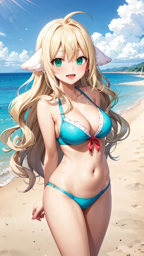  masterpiece  , best quality  ,  high resolution , (1 girl alone:1.38) , (mavis,  long hair, blonde, ( green eyes:1.5), ahoge,  wavy hair,  animal ears,) , ( cleavage:1.2) , (medium breast:1.28) , (wear a hat , belly , navel , blue swimsuit, socks 7/8 ) , ...