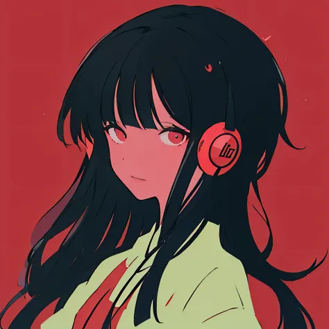 masterpiece、One Girl、Black Hair、Fashionable clothes、Bright red background、Wearing headphones