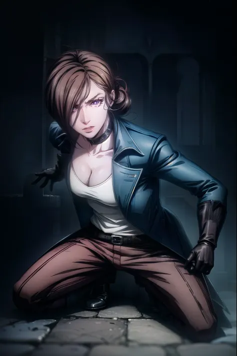 castlevaniajulia, castlevaniajulia, brown hair, (purple eyes:1.1), short hair, hair bun, mole, makeup, single hair bun, lipstick, mole under mouth, red lipstick, BREAK shirt, gloves, cleavage, collarbone, jacket, white shirt, choker, black gloves, belt, pa...