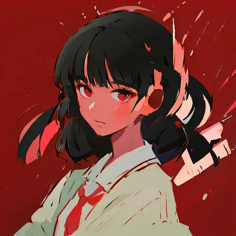 masterpiece、One Girl、Black Hair、Fashionable clothes、Bright red background、Wearing headphones