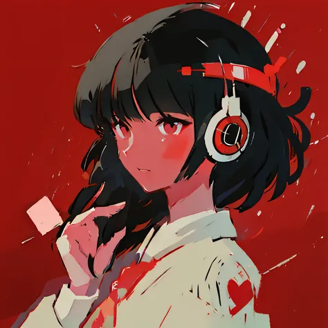 masterpiece、One Girl、Black Hair、Fashionable clothes、Bright red background、Wearing headphones