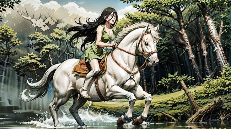 ((best quality)), ((anime masterpiece)), (high detailed), 8k, cinematic lighting, perfect face, medium breast, cleavage, (((a woman wearing miniskirt riding on a WHITE GREY HORSE)), (hanabi hyuga, long hair, {black hair}), (sleeveless, miniskirt, bare legs...