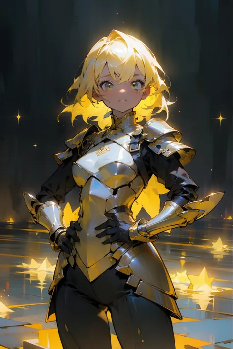 one woman、 One Woman , No Emotion、Fantastic look, masterpiece, top quality, high definition , One Woman 性, Alone, yellow hair , place your hands on your hips 、armor、重いarmor、 place your hands on your hips、 One Woman 性,黒と黄色のarmor、 Alone, yellow hair , ...