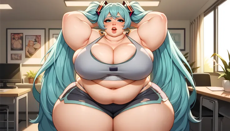 best quality, high rating, Best quality, hatsune Miku, big thighs, big butt, fat arms, front view and back content face, big breast, clothes ripping, gaining weight, background private room, feeder, bbw, pudghy belly, ssbbw, RJ background, getting too fat,...