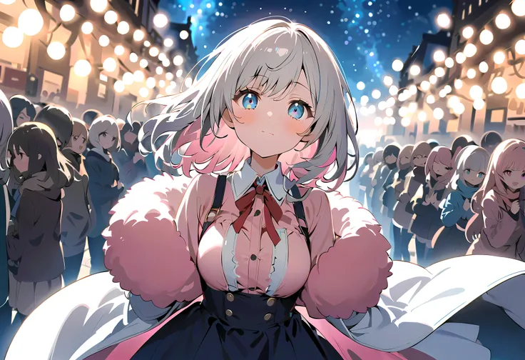 The dark and beautiful starry sky 、 Sad face 、Contrast between darkness and illumination、Overall darker 、 Sad face、 sad expression 、 Sad Expression 、Profile gazing into the distance、 starry sky を looks up、gloves、 scarf、White Breath、 starry sky 、、 face up、W...