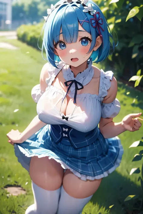 8k、Typhoon day、garden、REM(Rem、Rizero)、Rem(Rizero)、Rem(Rizero)Hair color and hairstyle 、 short bob hair、I cosplayed as a high school girl( white blouse、 blue and green plaid skirt)、 miniskirt、 very big breasts、 white panties、 Knee High Tights 、 absolute dom...