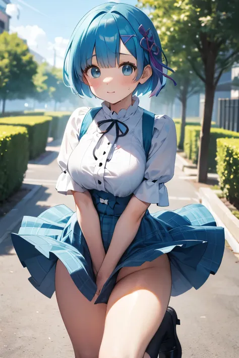 8k、Typhoon day、garden、REM(Rem、Rizero)、Rem(Rizero)、Rem(Rizero)Hair color and hairstyle 、 short bob hair 、I cosplayed as a high school girl( white blouse、 blue and green plaid skirt)、 miniskirt、 very big breasts、 white panties(The area is small)、 Knee High S...