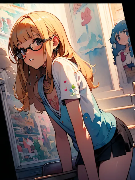 (dutch angle,sideview,looking away:1.3),Alone, upperbody ,face on focus,black eyes, ((parted sexy lips, lips, blush)),(sadness kiss+),blonde medium hair,undercut,(blunt bangs),glasses,((Enchanting chest)),cute face,offshoulder+,white camisole blouse,white ...