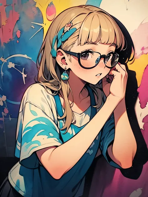 (dutch angle,sideview,looking away:1.3),Alone, upperbody ,face on focus,black eyes, ((parted sexy lips, lips, blush)),(sadness kiss+),blonde medium hair,undercut,(blunt bangs),glasses,((Enchanting chest)),cute face,offshoulder+,white camisole blouse,white ...