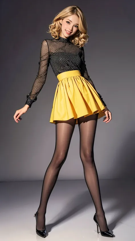 (((   top quality))),   thin thighs ， long legs ，(  One Girl :1.3),(Im wearing a long flared skirt dress with black pantyhose and high heels ：1.3),( Polka Dot Mini Skirt Dress :1.2),  Wear Blonde and Curly  :1.2、  beautiful smile:1.5， forward leaning posit...