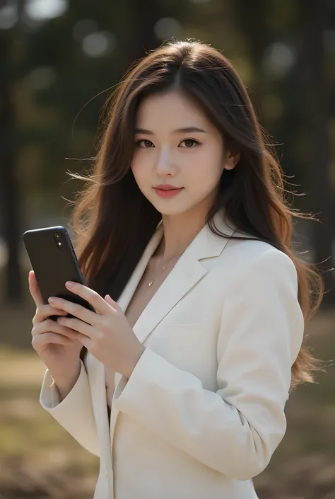 has a slightly cool ,Long-haired sweetie , of a middle-aged half-blooded woman with a starry air, wearing a white suit jacket , holding a smartphone , A portrait inspired by Huang Chai , instagram, digital art, , Li Zixin, Wooden slab , Jia, Xin Tongchen...