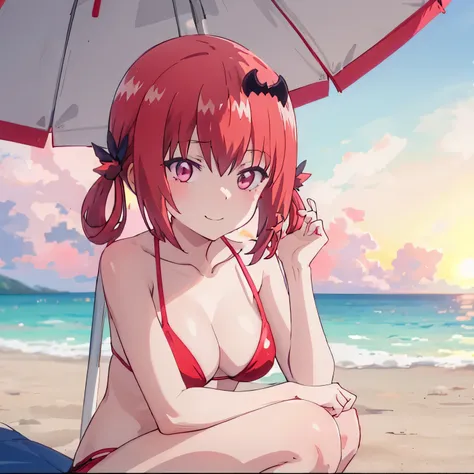 Satanichia McDowell beautiful sunset 
dressed in a beautiful and sexy 
red bikini suit sitting on the sand with an umbrella enjoying it

Doing a nice pose
On a beach 

long red hair with 2 pigtails and magenta eyes

(Lonely girl and beautiful little face )...