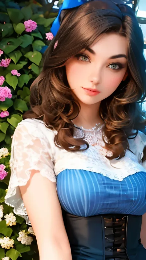 realistic drawing, an extremely beautiful woman, of Brown hair, eyes the color of honey, small nose, full lips, very feminine features, with a light blue dress with flowers and a corset, bows on the shoulders, in a magical garden, phosphorescent blue light