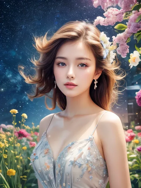 masterpiece,  top quality,  high definition,  high definition ,  clear_image,  detailed background,  girl, flower, garden,  starry sky ,