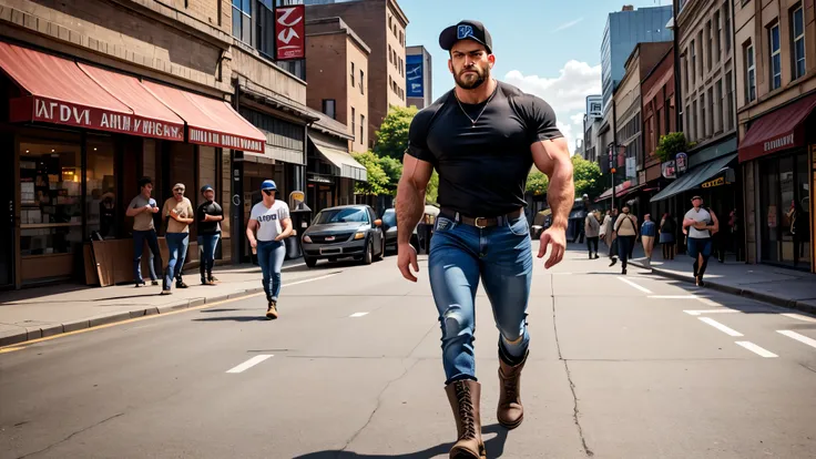 Rugged, muscular man, 35 years old, standing still in the center of a bustling city street. He wears blue jeans, black military boots, a plain black t-shirt, and a baseball cap, with black hair slightly visible beneath the cap and a short, thick black bear...