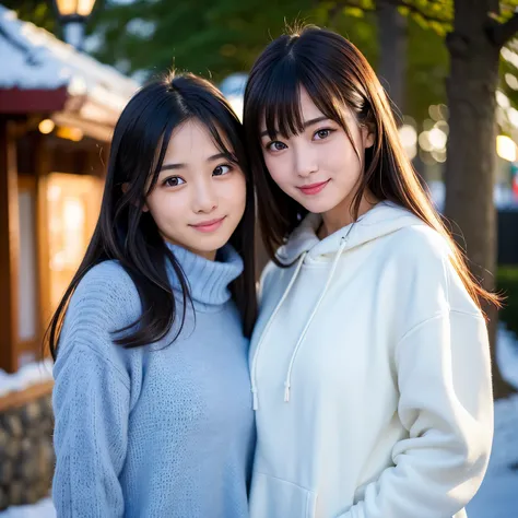 (Best-quality, Masterpiece, Ultra-High-Resolution, (Photorealistic:1.4), Raw Photo, depth of field, professional lighting), lesbian-couple of Japanese-idol and Japanese-actress, walking side by side, wearing matching winter-outfits, (innocent smiles), (ext...