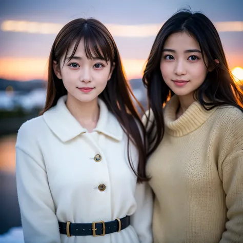 (Best-quality, Masterpiece, Ultra-High-Resolution, (Photorealistic:1.4), Raw Photo, depth of field, professional lighting), lesbian-couple of Japanese-idol and Japanese-actress, walking side by side, wearing matching winter-outfits, (innocent smiles), (ext...