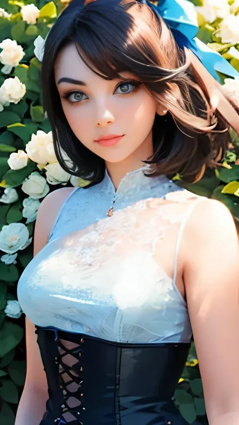 realistic drawing, an extremely beautiful woman, of Brown hair, eyes the color of honey, small nose, full lips, very feminine features, with a light blue dress with flowers and a corset, bows on the shoulders, in a magical garden, phosphorescent blue light