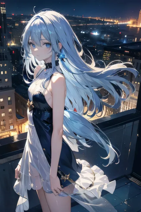 (masterpiece), (best quality), ultra detailed, finely detailed color, cenematic painting, bishoujo, ((one lady)), teenager, cute face, white hair, absurdly long hair, straight hair, ((deep blue eyes:1.5)), holding glass, party dress, skiny clothes, sleevel...