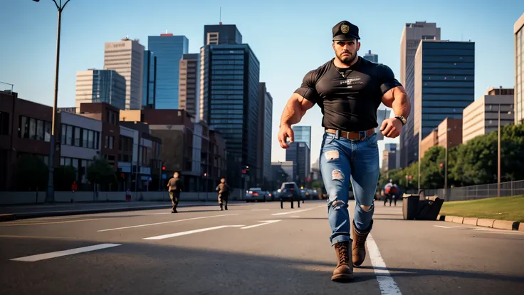 1 ((Rugged, muscular man)), 35 years old, walking confidently down the center of a busy urban street. He wears blue jeans, black military boots, a plain black t-shirt, and a baseball cap, with black hair slightly visible under the cap and a short, thick bl...