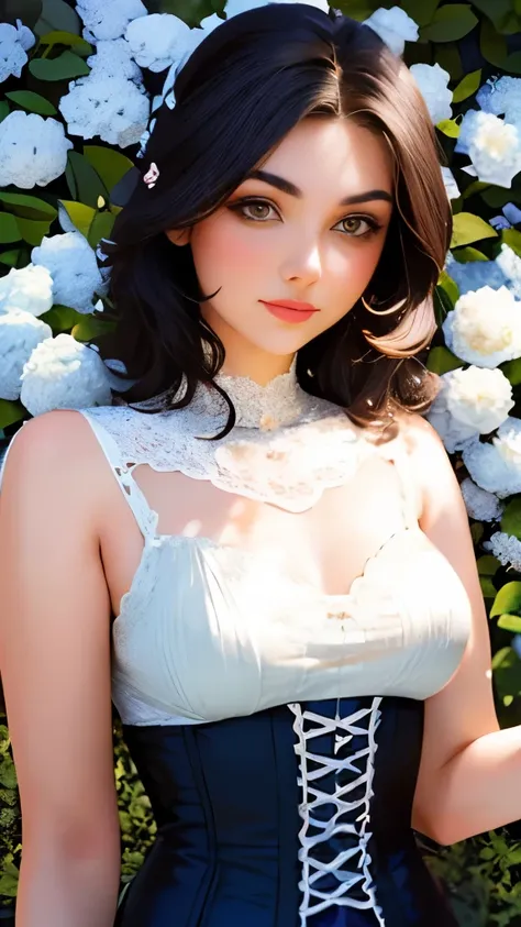 realistic drawing, an extremely beautiful woman, of Brown hair, eyes the color of honey, small nose, full lips, very feminine features, with a light blue dress with flowers and a corset, bows on the shoulders, in a magical garden, phosphorescent blue light