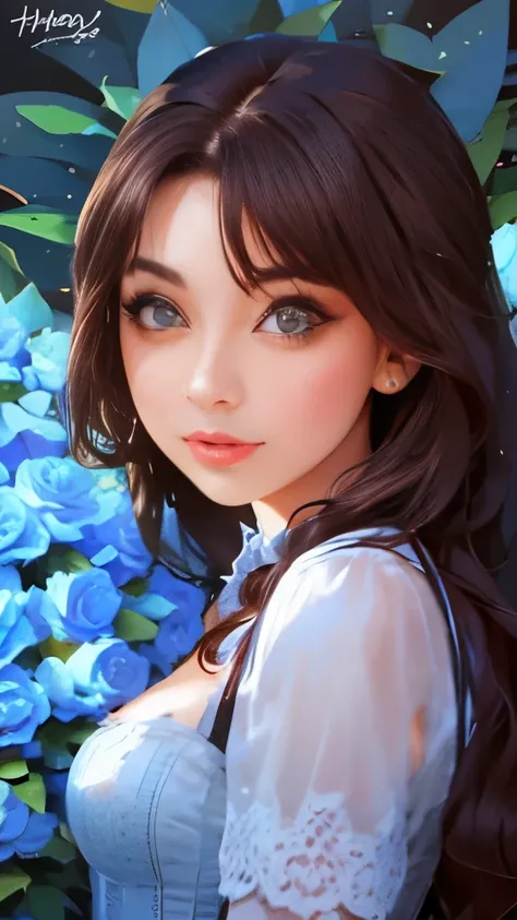 realistic drawing, an extremely beautiful woman, of Brown hair, eyes the color of honey, small nose, full lips, very feminine features, with a light blue dress with flowers and a corset, bows on the shoulders, in a magical garden, phosphorescent blue light